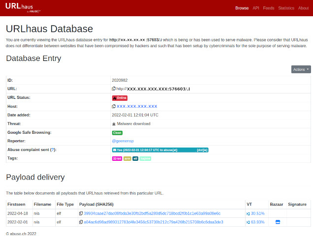 Screenshot example of URLhaus Database entry for a reported site